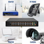 BV-Tech 24 Port PoE+ Switch with 2 Gigabit Ethernet or SFP Uplink, Long Range | POE-SW2402
