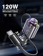 Retractable Car Charger USB C Fast Charging 120W, Car Accessories Cigarette Lighter Adapter with Aromatherapy Starlight, Car Charger iPhone16 15 14 13 12 11 Essentials Gift for Travelers, Men, Women