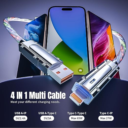 4 in 1 Charging Cable Fast Charging 66W, USB C Cable 3.3 FT Chubby USB A/C to C/L Multi Charging Cable with Light for iPhone 16/15/14/13 Series/MacBook/iPad Pro/Samsung