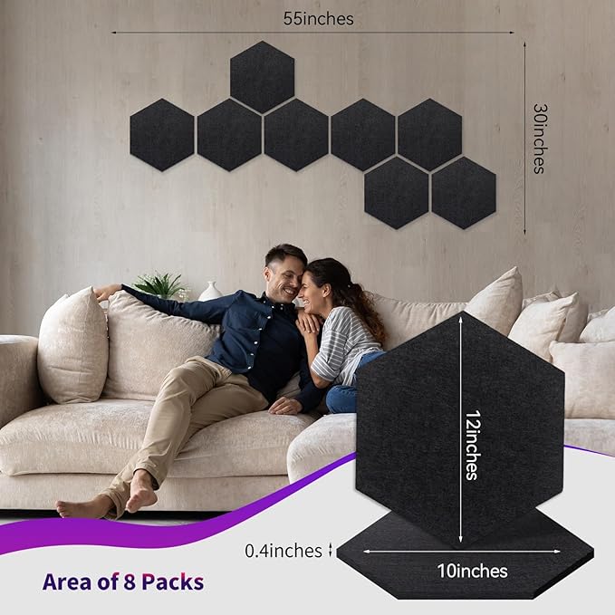 Mollywell Hexagon Acoustic Panels, High Density, Soundproofing, Decorative Noise Reduction Felt Wall Tiles for Ceilings, Home Office & Gaming Room (Black), 12x10x0.4 Inch