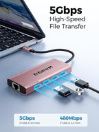 QGeeM USB C Hub Ethernet,9 in 1 USB Type C Hub HDMI Multi-Port Converter Adapter,100W Pd, USB 3.0,SD/TF Card Reader,Compatible for MacBook Pro Air Ipad HP Dell Lenovo Chromebook etc.-Pink