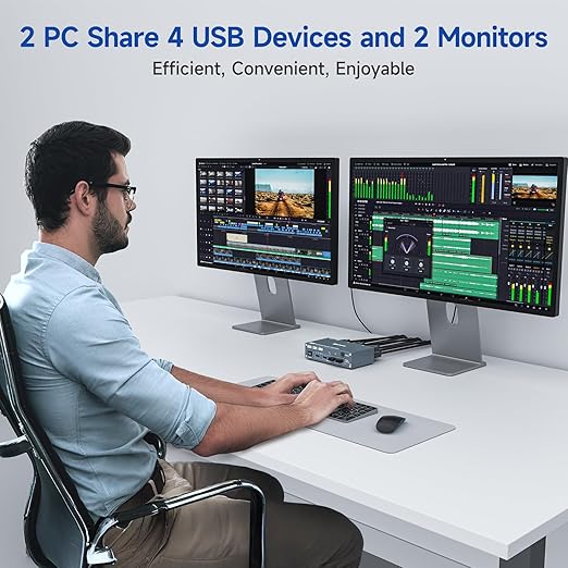 HDMI Displayport Hybird KVM Switch 2 Monitors 2 Computers 8K@60Hz 4K@144Hz, Aluminum Dual Monitor KVM Switches for 2 PC Share 2 Monitor and 4 USB Devices, Support Extended/Copy Mode,Cables Included