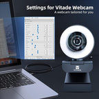 Streaming Webcam with Adjustable Ring Light, Full HD 1080P Webcam with Dual Microphones and Advanced Auto-Focus,Pro Web Camera for Online Learning, Zoom Meeting Skype Teams, Gaming Laptop