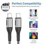 Durcord 2Pack 10ft USB C Charger Cable - 100W Fast Charging for Android/Phone/Pad, Type C to Type C Compatible with iPhone 16/15 Pro Plus Max Silver