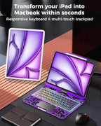 SIEBITU Clear Wireless Keyboard Case for iPad Air 13-inch (M3 2025/M2 2024) & iPad Pro 12.9-inch 6th 5th 4th 3rd Gen with Pencil Holder, Multi-Touch Trackpad & 7-Color Backlit, 360°Rotating, Purple