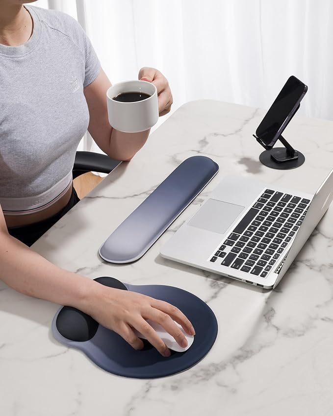 Ergonomic Mouse Pad Wrist Support Set, Memory Foam Keyboard Wrist Rest Set, Keyboard Pad, Non-Slip Base Mousepad（Gradient Blue Black Set）