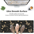 Golden Butterflies Desk Mat,Large Butterfly and Round Spots Gaming Keyboard Mouse Pad,Non-Slip Rubber Base Desk Pad Thick Stitched Edges Waterproof Mousepad Mouse Mat 31.5"x11.8"