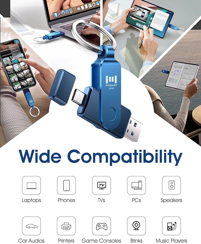 MOSDART 256GB Dual USB C Flash Drive, Speed Up to 150MB/S Type C 3.1 Thumb Drive with Keychain, for iPhone 15 and 16, Android Phone, iPad, MacBook, and Laptops, Navy Blue