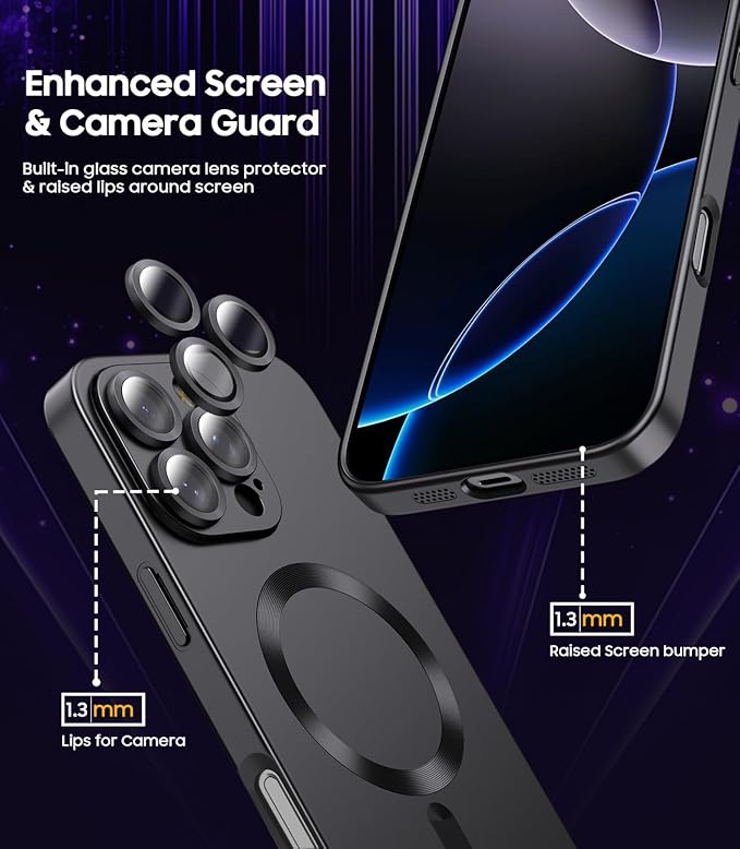 Magnetic for iPhone 16 Pro Max Case [Compatible with MagSafe][Built-in Camera Lens Protector] Slim Soft Silicone Bumper Shockproof Metallic Luster Phone Case (Black)