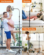 Phone Tripod, 85" Tall Tripod for iPhone with Gooseneck and Remote, Overhead Phone Stand for Recording Watching Cooking Fitness Vlog, Compatible with iPhone Android, Black