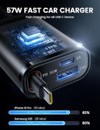 Lamicall Retractable Car Charger USB C Fast Charging 57W Type C Car Phone Charger fit iPhone 16 16e 15 Pro Max Plus Samsung Galaxy S25 S24 Ultra Pixel Android PT-47-Black