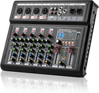 6-Channel Audio Mixer for PC, SX-6iu Mixing Console with XLR Inputs, Bluetooth, 99 Digital Signal Processor Effects, USB Interface, MP3 Compatible for Podcast, Music, Recording 9.84"x2.17"x12.6"inches