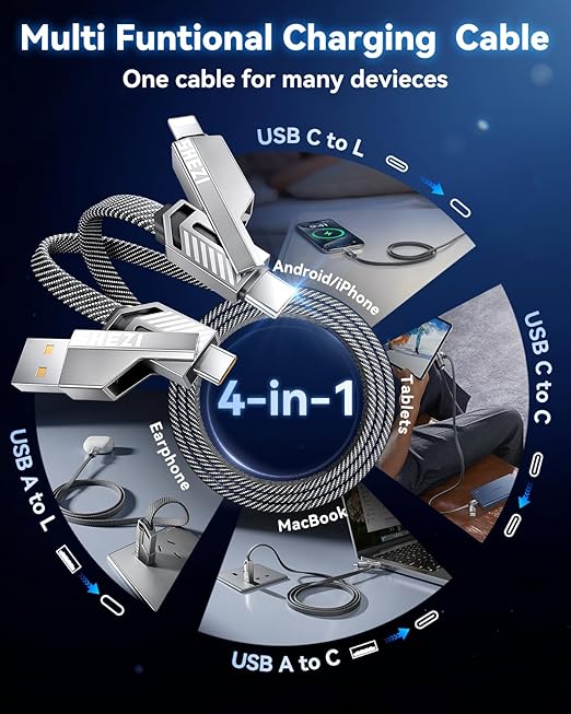[One is Enough] 4-in-1 Compatible with USB C to Lightning Cable, 240W High-Speed Charging & Fast Data Transfer,CarPlay & Android Auto Support Multi Charger Cord Combo for iPhone/Samsung/iPad,5FT