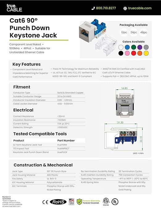 trueCABLE Cat6 Keystone Jack, Unshielded (UTP), 90 Degree Punch-Down, PoE++ (4PPoE) 100W, UL Listed, ETL Verified, ANSI/TIA Certified, Modular RJ45 Female, Green, 12 Pack
