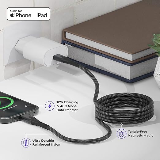 Statik MagStack USB A to Lightning Cable MFi Certified, Clutter-Free Magnetic Charging Cable, Anti-Tangle Phone Charger Cord, 12W, Compatible with iPhone 14 Pro Max, 13 12 11, 6FT/2M