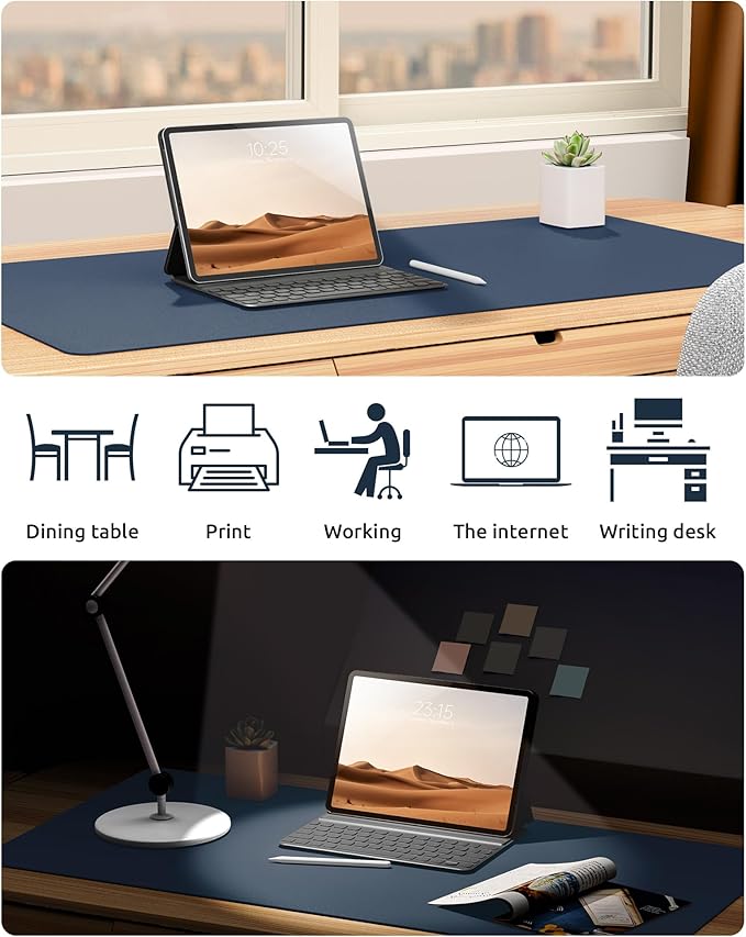 YSAGi Leather Desk Protector, Office Mat, Large Mouse Mat, Non-Slip PU Leather Blotter, Laptop Pad, Waterproof Writing Pad for Office and Home (Dark Blue, 31.5" x 15.8")