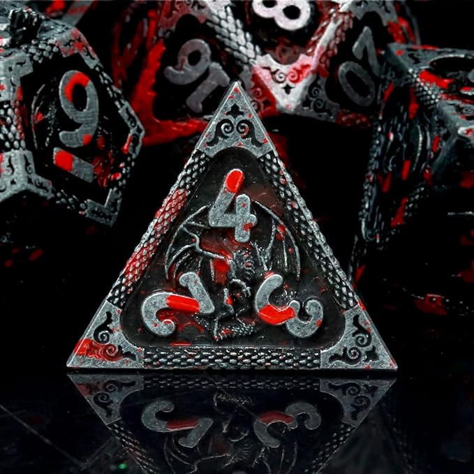 Haxtec Bloodstained Metal DND Dice Set Antique Iron Blood D&D Dice Set Dragon Scale with Leather Dice Bag Bloodsplattered Metal Polyhedral Dice Compatible with Dungeons and Dragons TTRPG Gifts