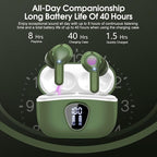 Wireless Earbuds, Bluetooth 5.4 Headphones HiFi Stereo, Bluetooth Earbuds with ENC Noise Cancelling Mic, IP7 Waterproof in Ear Earphones, 48H, LED Display Ear buds for Pad Workout Sports, Retro Green