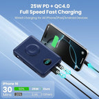 Magnetic Portable Charger 10800mAh for iPhone with Built-in Cables, 6-in-1 Wireless Power Bank with iWatch Charger, 25W PD Fast Charging USB C Battery Pack for iPhone 16/15/14/13/12, Apple Watch(Blue)