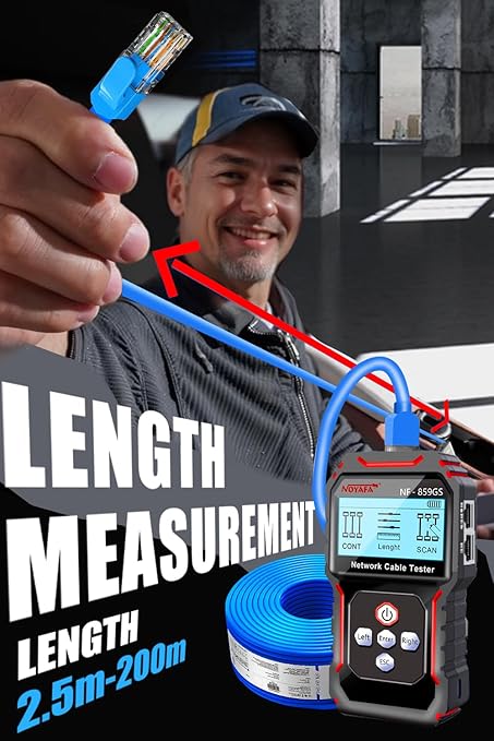 NF-8209S Network Cable Tester, RJ45 Ethernet Tester for POE/Cat5/Cat7/Cat6a/Cat6/Cat5e, Wire Mapper, Length, Open/Short, Wire Fault Locator, Ethernet LAN Network Toner Tool