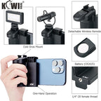 KIWIFOTOS Phone Camera Grip Handle Holder Phone Tripod Mount with Detachable Remote Shutter & Cold Shoe Adapter for iPhone 14 15 16 Pro Max Samsung Smartphone Selfie Vlog Video Shooting, Black