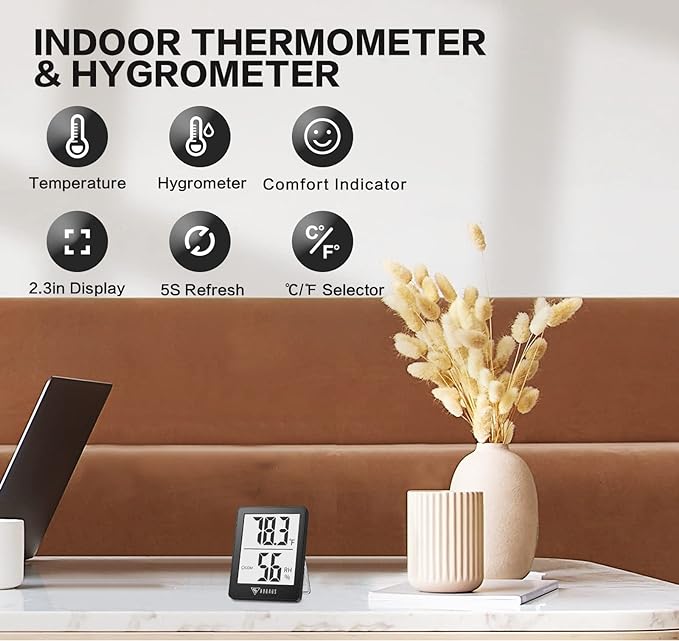 DOQAUS Humidity Meter, 2 Pack Room Thermometer Indoor, Hygrometer with 5s Fast Refresh, Temperature Humidity Monitor Meter for Baby Room, Living Room, Basement, Greenhouse, Office