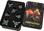 7PCS Metal DND Dice Set with Box, Debris RPG Green D and D Dice for use with D&D Tabletop Games Role Playing Game Polyhedral Dice Set D20 D12 D10 D8 D6 D4