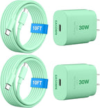 30W USB C i Phone 16 15 Charger Fast Charging, 2PACK Wall Charger for iPhone 16 15 Pro Max Charger Cord 10FT Fast Type C Charger Block for iPhone 16/16 Pro/15 Plus/15 Pro/15 Pro Max, iPad Pro, Green