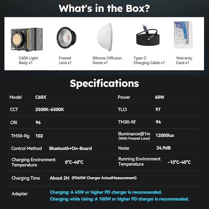 SIRUI C60X 60W Portable Photography Light, Ultra-Quiet 24.9dB & 0.53KG Compact Design, 2H Fast Charging, 13,000 Lux High Output, Bluetooth Control for Studio/Outdoor Video Lighting