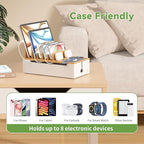 Pezin & Hulin Bamboo Cable Management Box, Wire Organizers for Cords, Charge Station Box, Desktop Dock Organizer Rack for Electronic Device (Include 6 Cables)(No Power Adapter) -Natural + White