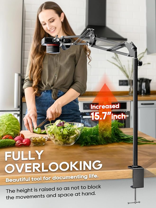 Overhead Camera Mount, 5lb Horizontal Load-Bearing, 360° Adjustable Stand for Desk, Flexible Arm Desk Mount, with Phone Clamp, Tabletop Mount for DSLR Camera/Webcam/Microphone（White