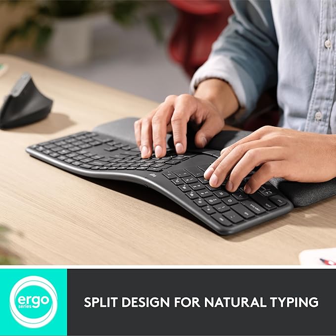 Logitech ERGO K860 Wireless Ergonomic Keyboard - Split Keyboard, Wrist Rest, Natural Typing, Stain-Resistant Fabric, Bluetooth and USB Connectivity, Compatible with Windows/Mac, Black