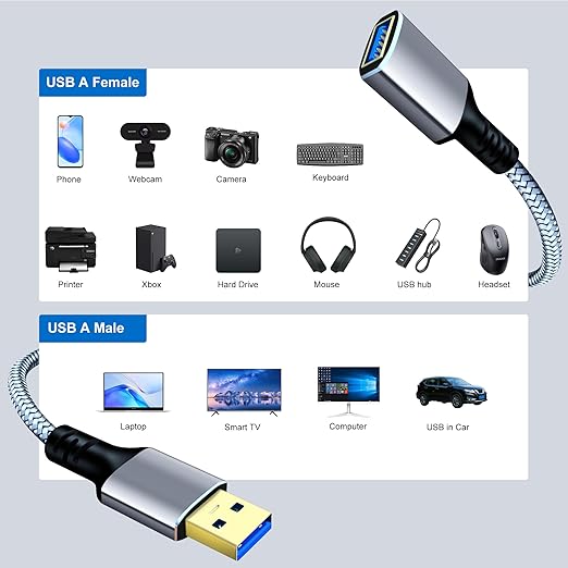 Tan QY USB 3.0 Extension Cable 1Ft, USB 3.0 High Speed Extender Cord Type A Male to A Female for PlayStation, Xbox, USB Flash Drive, Hard Drive, Card Reader,Scanner,Printer,Keyboard (Silver, 1Ft)