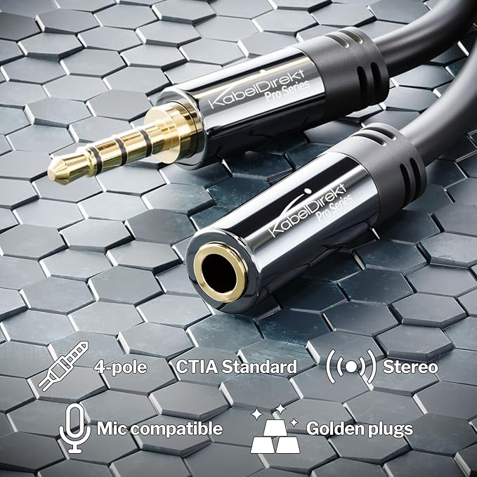 KabelDirekt – Headset Extension Cable – 1ft – Headphone Extension Cord with Break-Proof Metal Plug for Gaming Headsets & Headphones with Microphone, TRRS, 4-Pole, 3.5mm Male to Female