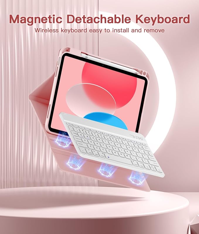 for iPad 10th Generation Case with Keyboard 10.9 Inch- Magnetic Wireless Keyboard Case with Pencil Holder Stain Proof Folio Cover for iPad (A16) 11th Gen 11 Inch 2025/10th Gen 2022 - Light Pink