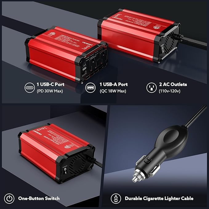 400W Car Power Inverter: vansoet DC 12V to AC 110V Inverter Converter, USB C PD 30W and USB-A QC 18W Port - Dual AC Plug Adapter Outlet Inverter for Vehicles, Laptop, Phones, Camera