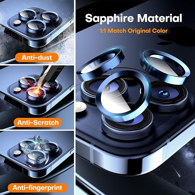 Camera Lens Protector for iPhone 16 Pro Max/16 Pro/15 Pro Max/15 Pro/14 Pro Max/14 Pro, Sapphire Glass Metal Individual Camera Cover Screen, Anti-drop, Case Friendly- Blue Titanium