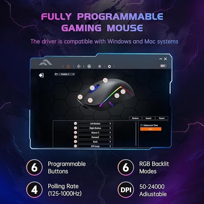 FFJ Wireless Gaming Mouse, 24000 DPI, Tri-Mode 2.4G/USB-C/Bluetooth 5.3 Gaming Mouse Wireless, RGB Programmable Mouse Gamer, 75Hrs Battery Life, Rechargeable Gaming Mice for PC, Mac, Xbox - Black