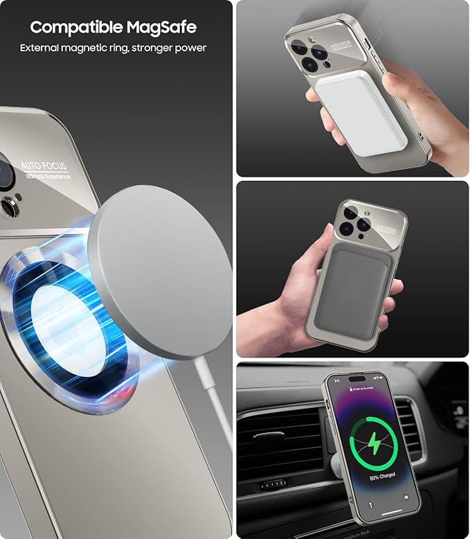Magnetic for iPhone 14 Pro Max Case, Compatible with MagSafe, Built-in Camera Lens Protector, Logo View, Military Grade Drop Proof Phone Case Cover, Titanium Gray