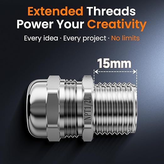 QILIPSU 4pcs 1/2" NPT 304 Stainless Steel Cable Gland Long Thread Waterproof IP68 Metal Strain Relief Cord Grip Cable Pass Through Wire Connector