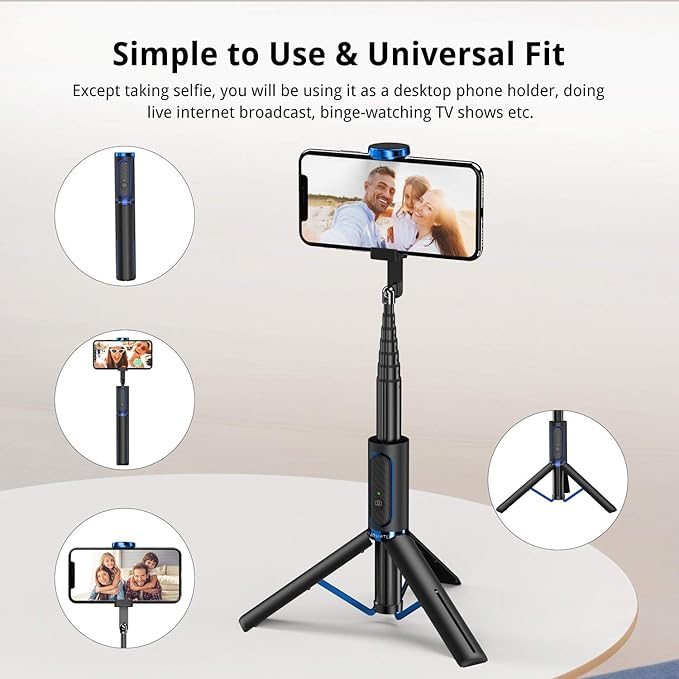 ATUMTEK Selfie Stick Tripod, Extendable 3 in 1 Aluminum Bluetooth Selfie Stick with Wireless Remote and Tripod Stand for iPhone 15/14/13/12/11/11 Pro/XS Max/XS/XR/X/8/7, Samsung Smartphones, Blue