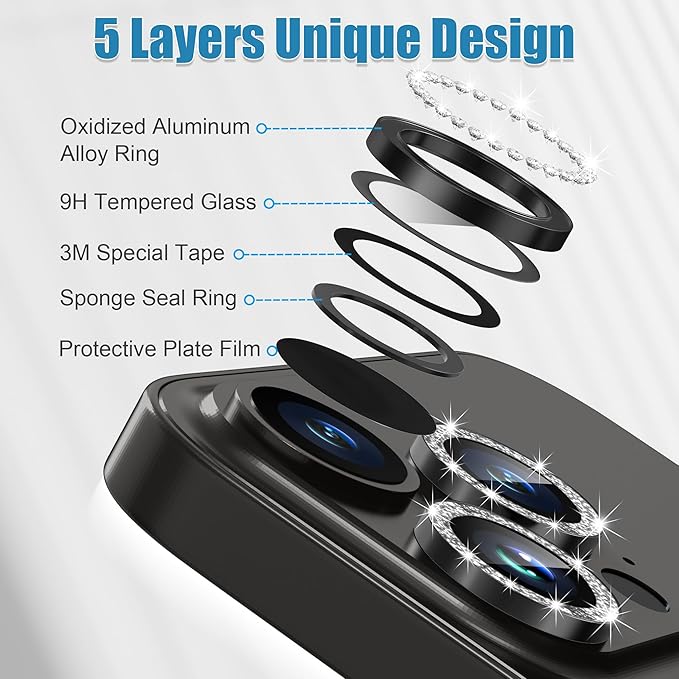 AGVEE 3+3 6 Pack for iPhone 15 Pro 6.1" / 15 Pro Max 6.7" Camera Lens Protector, Bling Diamond & Bling Glitter Metal Ring 9H Tempered HD Glass Camera Protector Cover Film, Bling-Black