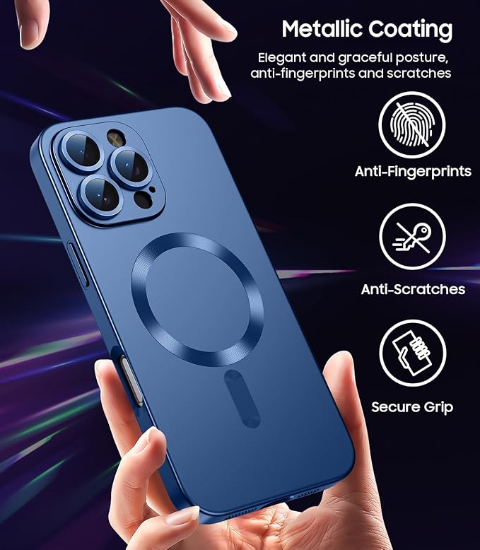 Magnetic for iPhone 16 Pro Max Case [Compatible with MagSafe][Built-in Camera Lens Protector] Slim Soft Silicone Bumper Shockproof Metallic Luster Phone Case (Blue)