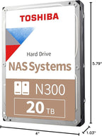 Toshiba N300 20TB NAS 3.5-Inch Internal Hard Drive - CMR SATA 6 GB/s 7200 RPM 512 MB Cache - HDWG62AXZSTA