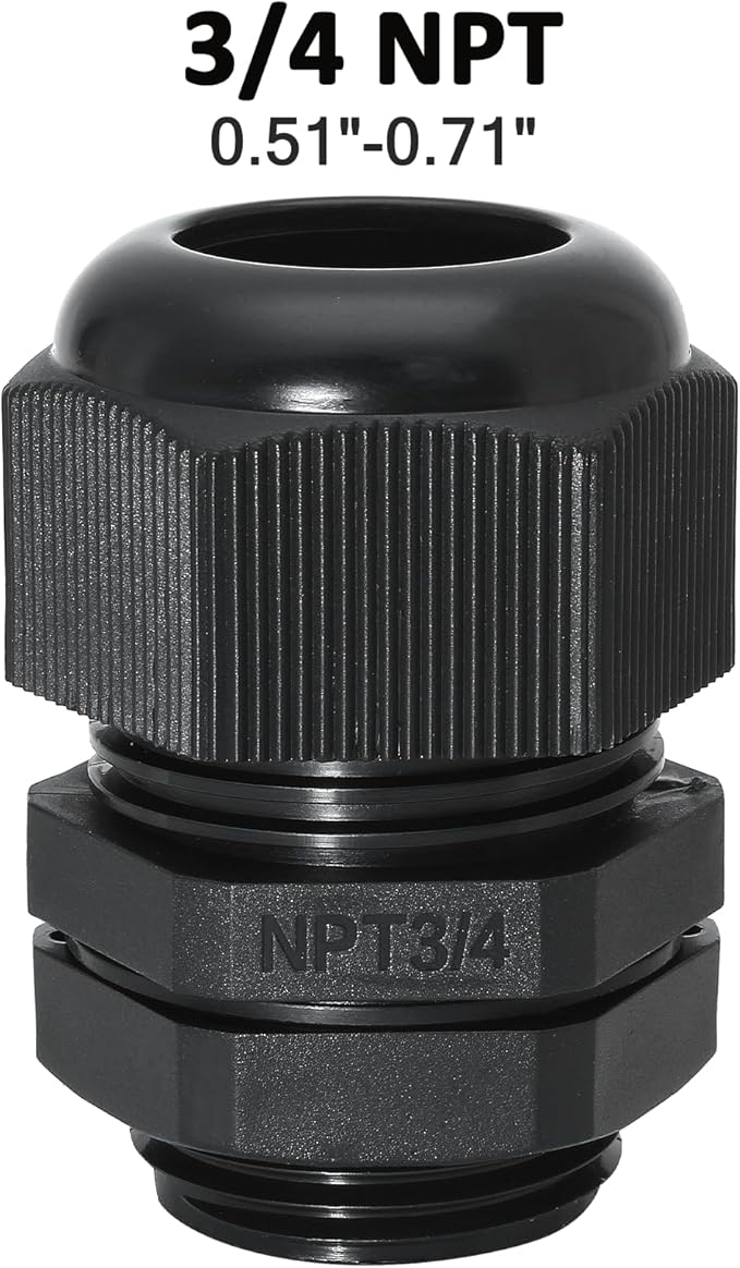 10 Pcs 3/4" NPT Nylon Cable Glands, IP68 Waterproof Adjustable Cord Grip Cable Connector Strain Relief Wire Protectors for 13-18mm Cable Diameter, Black