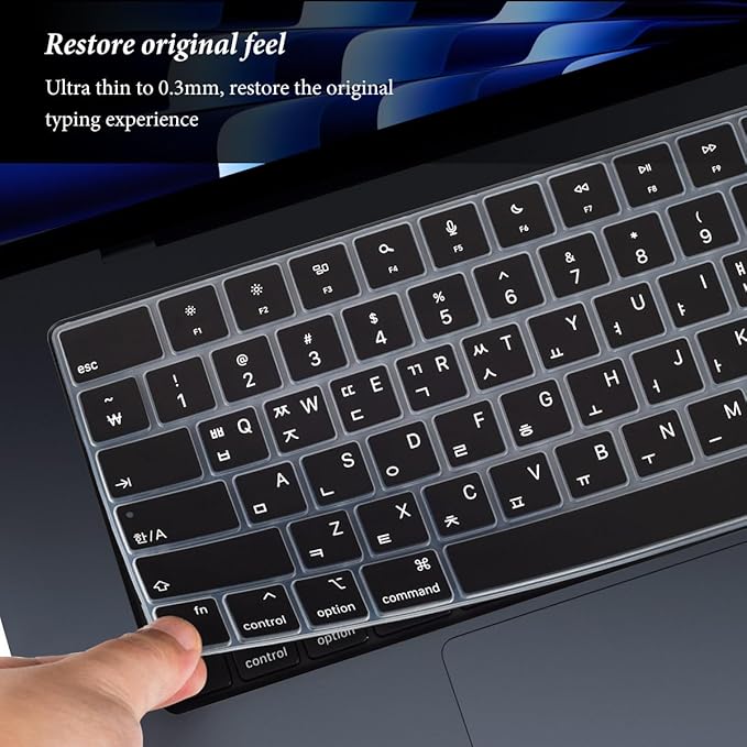 Korean Keyboard Cover for Apple 2025 2024 2023 MacBook Air Laptop with M4 M3 M2 chip 15.3-inch A3241 A3114 A2941,MacBook Air 13.6 inch A3240 A3113 A2681 Skin Protector-Black