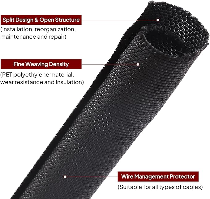 Black Braided Cable Management Sleeves Wire Loom Tubing Cord Protector Self-Wrapping (1/2"-12Feet)
