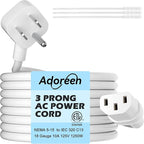 Adoreen 20 Ft Computer TV Replacement Power Cord White, Low Profile Flat Plug 18AWG 3-Prong AC Universal Power Supply Cable NEMA 5-15P to IEC 320 C13 for Printer, PC, Monitor TV LCD, ETL+Ties