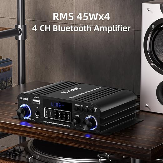 Facmogu S-288 4 CH Bluetooth 5.0 Home Audio Amplifier, RMS 45Wx4, Max 600W HiFi Stereo Power Amplifier USB, SD, FM Class D Speaker Amp for Home Theater Karaoke, with Power Adapter & Remote Control