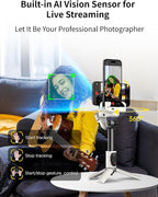 Gimbal Stabilizer for iPhone, Sefie Stick Tripod with Auto Face Tracking for TIK Tok YouTube Video Recording, 4 in 1 Gimbal Stabilizer with 360° Rotation for iPhone/Andriod -M1 Pro White